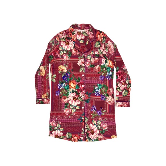 Johnny Was Bethia Long Sleeve Sleep Shirt in Multicolor Burgundy Floral – Large